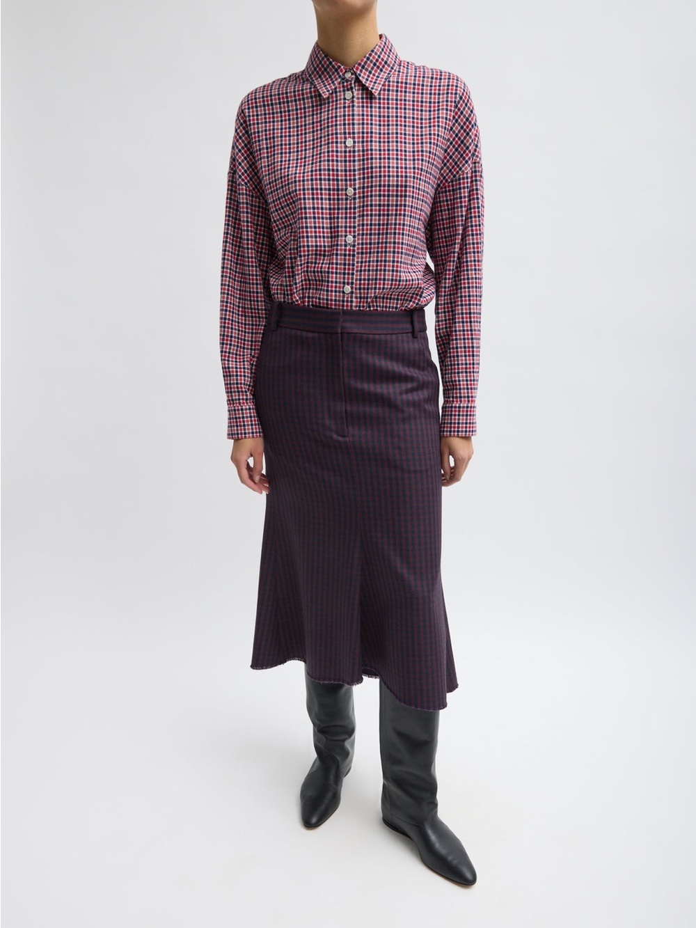 NWT Tibi Jules Wool Gingham Sculpted Silk Skirt in Wine/Navy